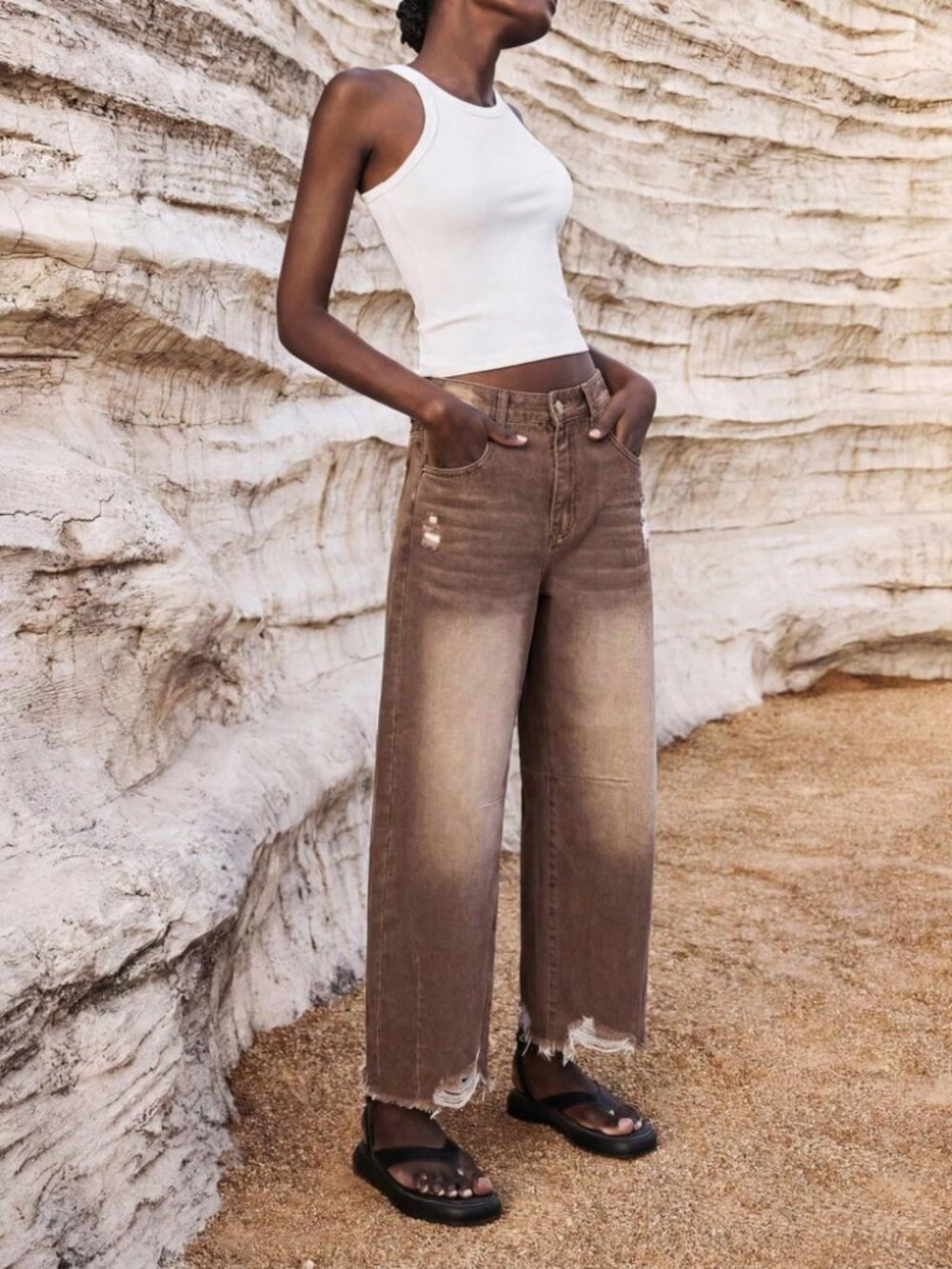 Muted Tan Denim Jeans with Distressed Rips - Picture 6 of 7